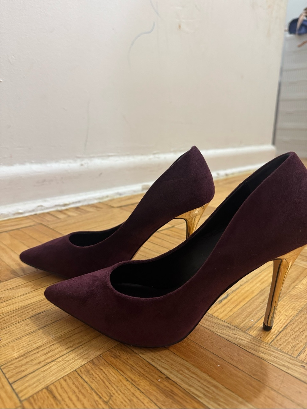 le chateau Burgundy Suede Pointed Toe Pumps with Gold Stiletto